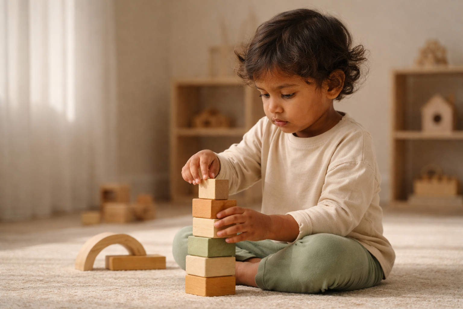 Child playing with wooden toys
