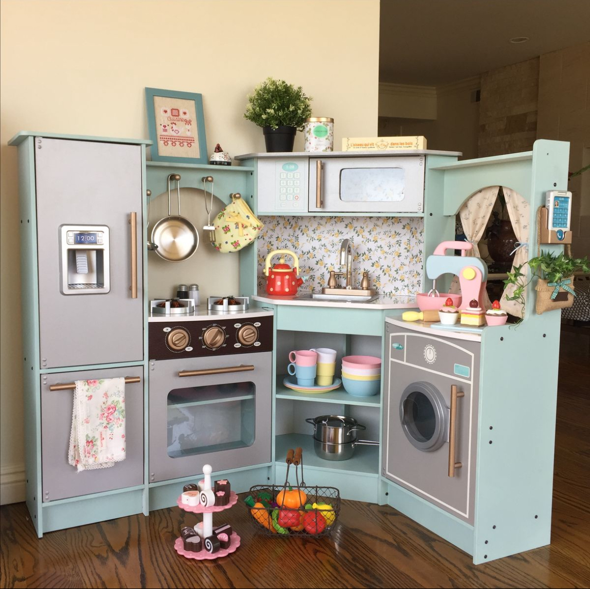 Wooden play kitchen setup